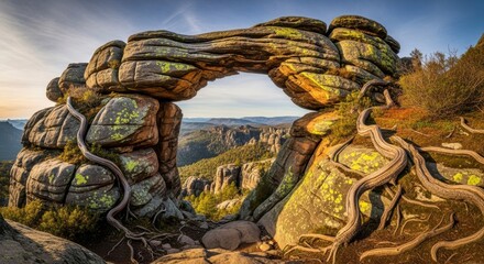 Fototapeta premium A stunning natural rock arch with tree roots growing around it in a beautiful landscape