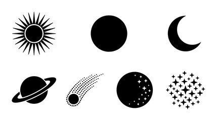 Minimalist celestial icon set, black silhouette space symbols including sun moon and planets, 7 vector elements for astronomy and astrology design © Mou