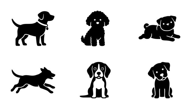 Minimalist dog breed silhouette icons, black and white puppy vector set of 6, cute pet animal graphics for veterinary and grooming branding