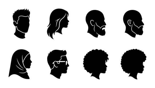 Minimalist human profile silhouettes, diverse people head icons set, black avatar vector collection of 8 male and female faces for social media