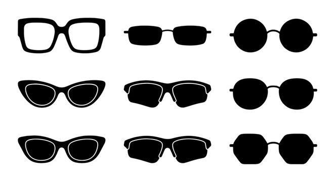 Black sunglasses silhouette icons set, 9 fashion eyewear vector elements, stylish sun glasses frames for summer vacation and optical shop branding