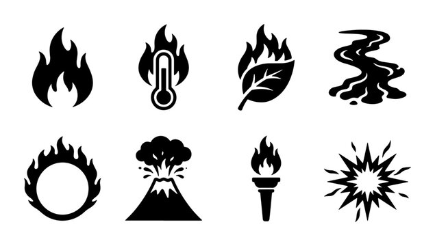Black fire icons and natural disaster symbols set, 8 flat vector elements, flame and heat warning signs, volcano eruption and wildfire graphics