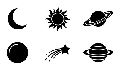 Celestial space icons set, black silhouette astronomy symbols including sun moon and planets, minimalist galaxy vector elements for web design © Anwar
