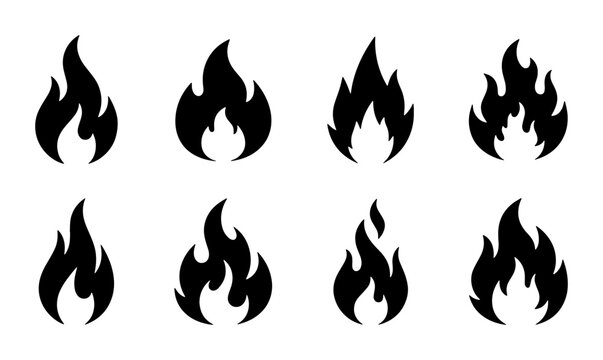 Black fire flame icons set, minimalist bonfire silhouette vector collection, 8 burning heat symbols for logo design and safety signage