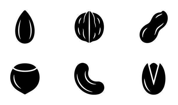 Minimalist nut icon set with 6 black vector symbols, organic food silhouettes including almond, walnut, peanut, hazelnut, cashew and pistachio