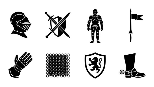 Medieval knight armor icons set, 8 black vector silhouettes of warrior equipment, middle ages heraldry with sword and shield, historical combat gear