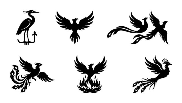 Mythical phoenix bird silhouettes set, black firebird and heron icons, 6 vector graphic elements for logo design and tattoo art