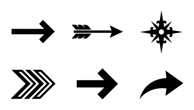 Minimalist black arrow icon set, directional navigation symbols and compass rose, 6 vector elements for web interface and wayfinding design