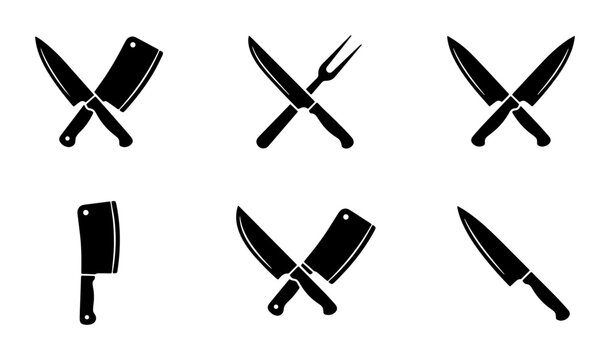Butcher knife and meat cleaver icons set, crossed chef knives and carving fork silhouettes, black kitchen tool vector graphics for restaurant branding