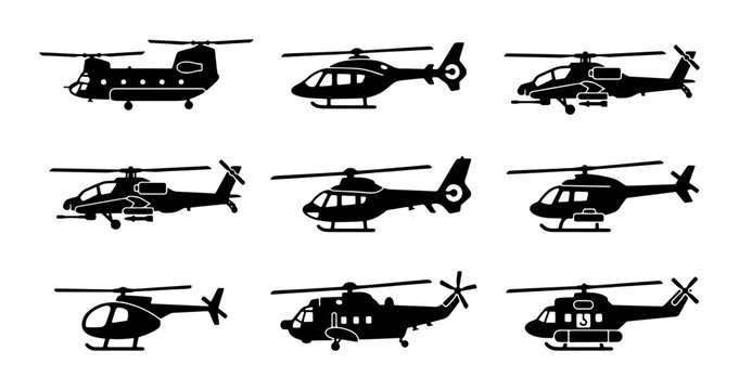 Military and civilian helicopter silhouette set, 9 aircraft vector icons, black chopper symbols for aviation infographics and transport design