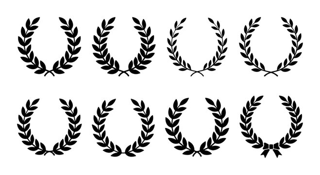 Vintage laurel wreath collection, set of 8 black silhouette victory branches, heraldic olive leaf frames for awards and certificates, vector icons