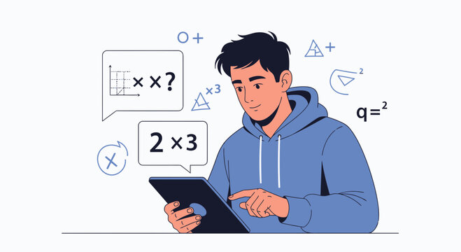 Young man learning math on tablet with equations and graphs