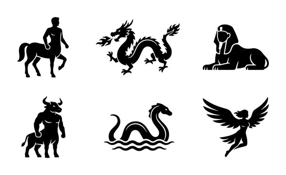 Mythological creatures icon set, black silhouette fantasy monsters including dragon and sphinx, 6 vector elements for gaming and storytelling