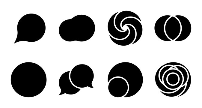 Minimalist black logo icons set, abstract geometric circle symbols, modern flat vector branding elements, collection of 8 creative graphic shapes