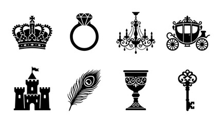 Royal luxury icons set with crown and castle, vintage fairytale symbols collection, black silhouette 8 vector elements for wedding and heraldry © Nabila