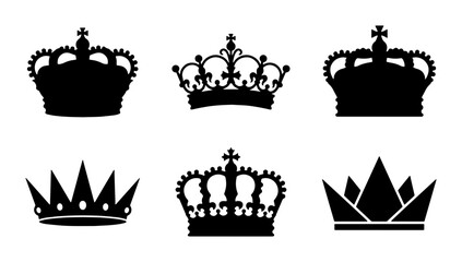 Royal crown silhouettes set, 6 black imperial tiara vector icons, vintage heraldic king and queen headwear, elegant monarch coronet symbols © Nabila