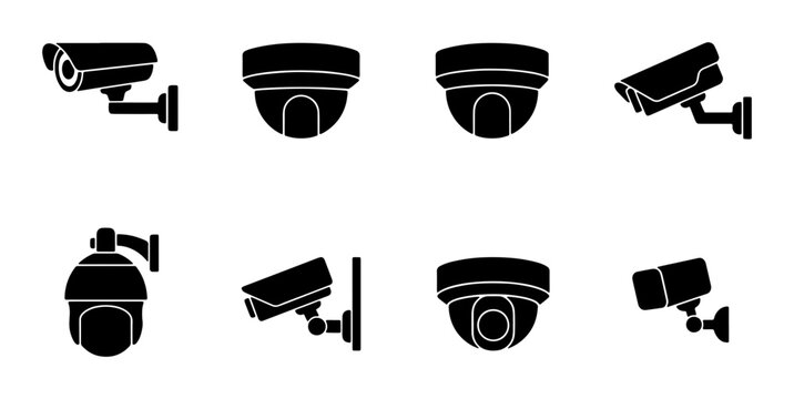 Security camera icon set with 8 black vector silhouettes, surveillance system equipment for home and business protection, CCTV monitoring symbols