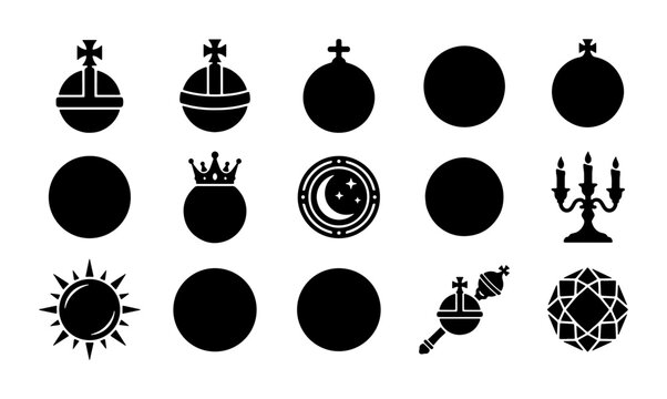 Royal regalia silhouette icons, set of 15 monarch symbols including globus cruciger and crown, medieval kingdom vector elements for heraldry
