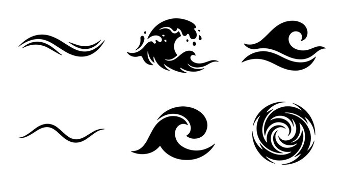 Ocean wave icons set, black sea water splashes and swirl symbols, minimalist nautical vector elements for logo design and branding