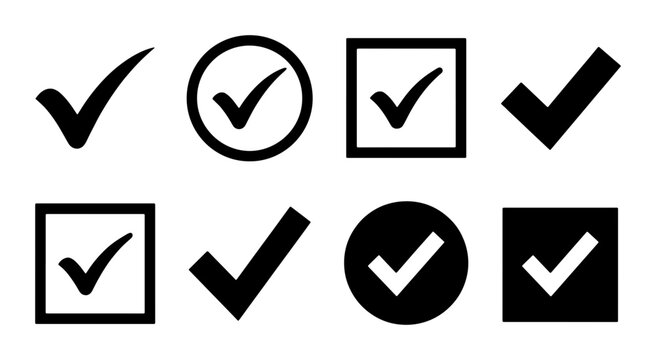 Minimalist check mark icon set, 8 black validation symbols in circles and squares, flat vector tick marks for survey and checklist UI design