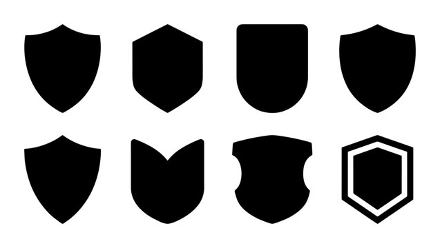 Minimalist shield icons set, black security badges and protection symbols, 8 vector heraldic crest silhouettes for logo design and web safety