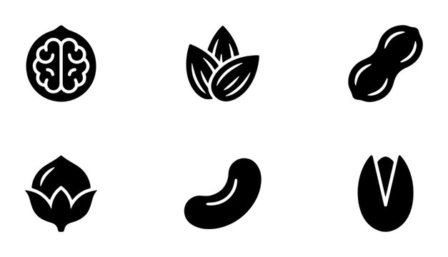 Minimalist nut icon set, 6 black solid vector symbols of walnut, almond, peanut, hazelnut, cashew and pistachio, organic food graphic elements