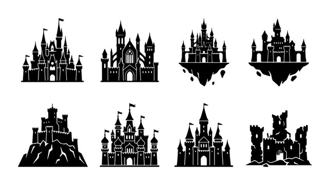 Medieval castle silhouette collection, 8 fantasy fortress vector icons, black fairytale palace set, gothic kingdom architecture for gaming and maps