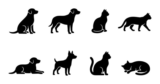 Minimalist pet silhouettes set, black cat and dog icons collection, 8 animal vector graphics for veterinary clinic branding and pet shop logos