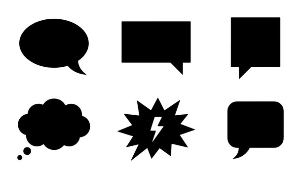 Minimalist black speech bubble icons, set of 6 comic book chat clouds and thought balloons, flat vector communication symbols for web design