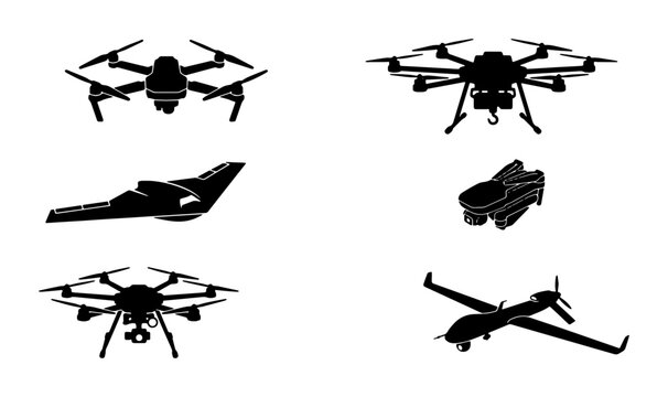 Unmanned aerial vehicle silhouette set, 6 drone vector icons, military and civilian aircraft collection, black uav flying machines on white background
