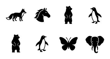 Minimalist animal silhouette icons, black wildlife vector set of 8 elements, modern nature symbols including fox, horse, bear, penguin, butterfly and elephant © Sharmeen