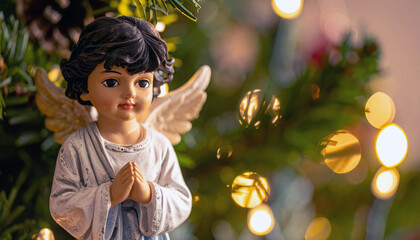 Fototapeta premium Angel figurine praying on christmas tree with warm lights