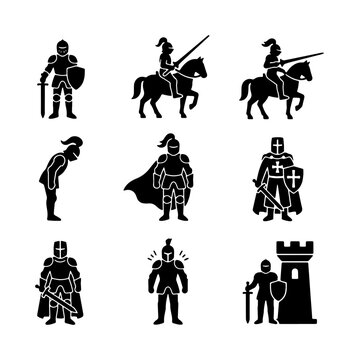 Medieval knight icons set, black silhouette warrior glyphs with armor and swords, 9 vector elements of crusaders and cavalry for gaming and history