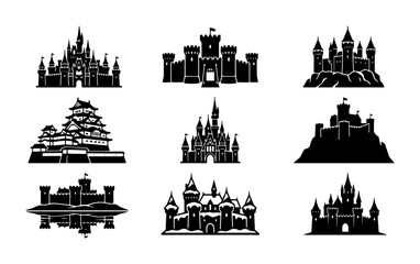 Medieval castle silhouettes set, 9 black fortress icons, fairytale palace and fantasy kingdom vector illustrations, ancient architecture symbols © Sharmeen