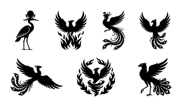 Mythical phoenix bird silhouettes set, black firebird icons and legendary creature vector collection, 7 ancient Egyptian and fantasy bird symbols