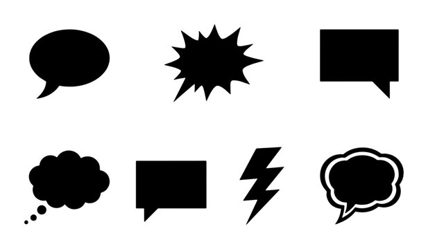 Comic speech bubble silhouettes, black talk cloud icons set, pop art thought bubbles and lightning bolt vector, communication chat symbols