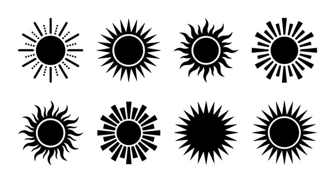 Sun icon set with 8 black vector silhouettes, celestial sunburst symbols for summer weather and astrology, minimal solar ray graphic elements