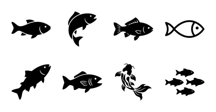 Black fish silhouette icons set, minimalist aquatic animal vector collection, sea life and fishing symbols isolated on white background