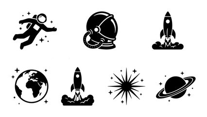 Minimalist space exploration icons, set of 8 black vector symbols, astronaut and rocket ship illustrations, galaxy and planet graphics for science branding © Hafsa