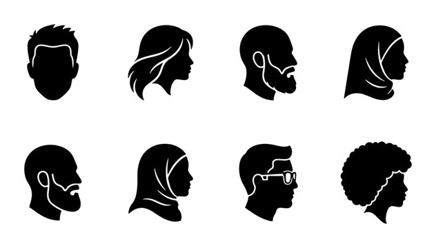 Diverse people avatar silhouette icons, set of 8 profile head vector symbols, multicultural human face portraits for social media and web design