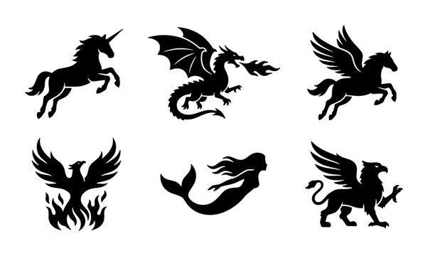 Mythical creatures silhouette set, dragon and unicorn fantasy monsters, phoenix and mermaid icons, 6 black vector illustrations for gaming and logos