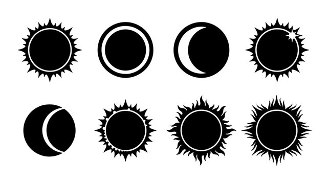 Solar eclipse vector icon set, black celestial sun and moon silhouettes, 8 astronomical lunar phase symbols for science and astrology design