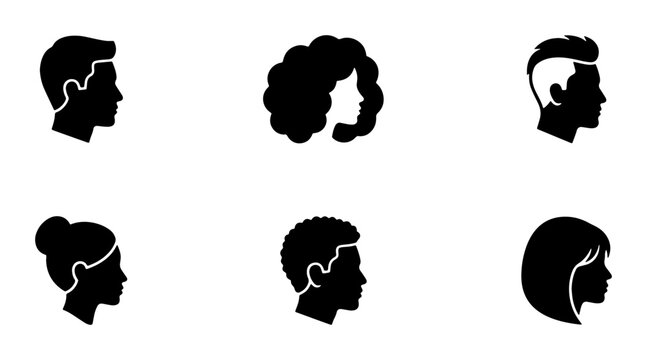 Minimalist hair style icons set, black silhouette profile heads of men and women, 6 vector avatars for barbershop and beauty salon branding