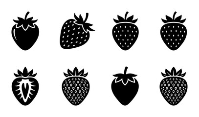 Minimalist strawberry icon set, black silhouette berry fruit collection, 8 vector strawberry illustrations for food packaging and logo design © Sharmeen