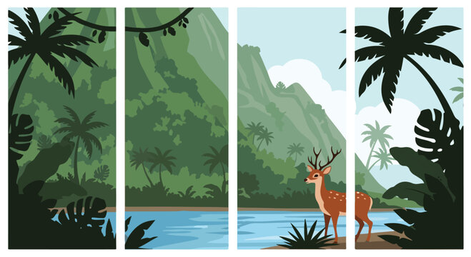 A serene vector illustration of a deer standing by a tranquil river in a lush tropical jungle landscape with mountains.