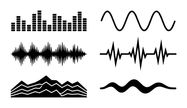 Audio sound wave icons set, black digital equalizer frequency bars, music signal waveforms and pulse heartbeat line vector graphics