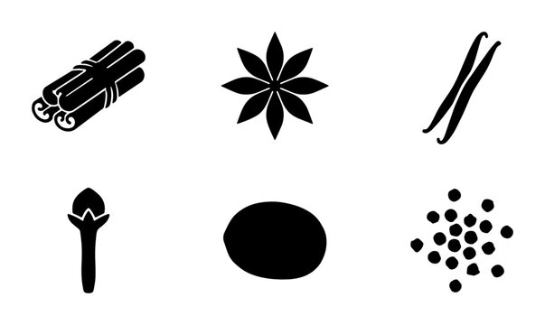 Minimalist spice icon set, black silhouette culinary herbs and spices, cinnamon sticks and star anise vector collection for food packaging