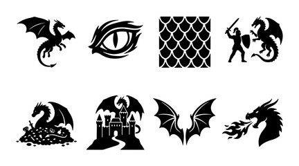Fantasy dragon silhouette icon set, medieval mythical creature vector elements, black dragon scales and knight battle graphics, 8 fantasy icons © Jakir