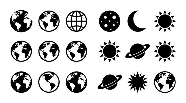 Minimalist celestial icon set with 18 black vector elements. Earth globe symbols, sun and moon graphics, planet Saturn with rings, astronomy icons for web design