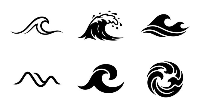 Minimalist ocean wave icons set, black sea surf vector illustrations, 6 stylized water ripple symbols for logo design and coastal branding